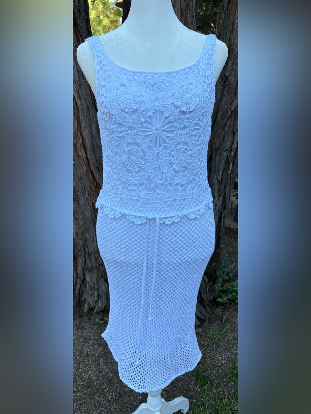 Just Taylor White Crochet Midi Dress Boho Cottagecore Resort Cotton Lined Size M